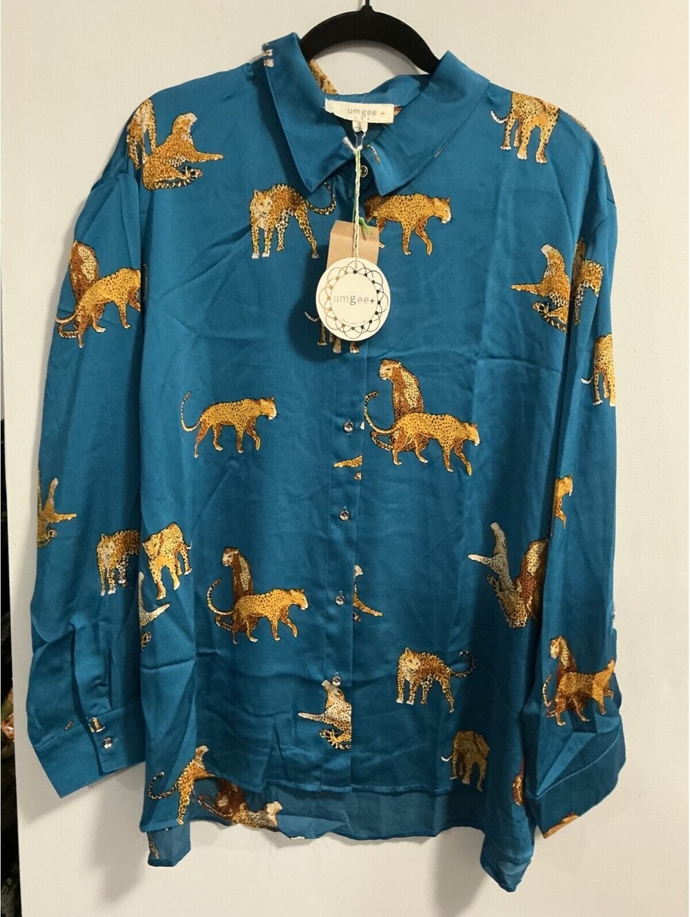 Umgee Womens Size XL 1X 2X Oversized Blue Teal Cheetah Animal Print  Blouse #412